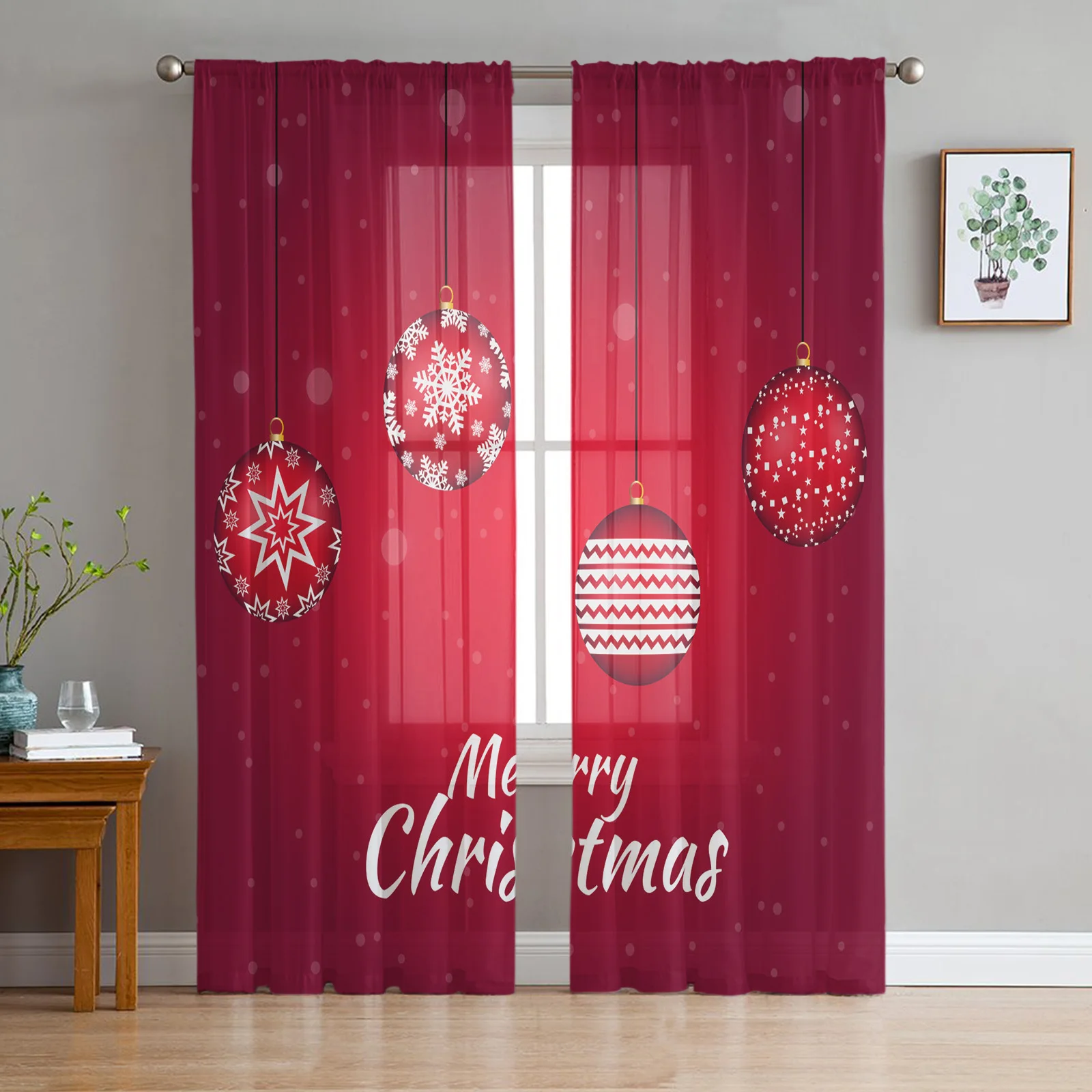 

Christmas Simple Red Gradient Snowflake Sheer Curtains Christmas Decorations Window Tulle Curtains For Living Room Bedroom