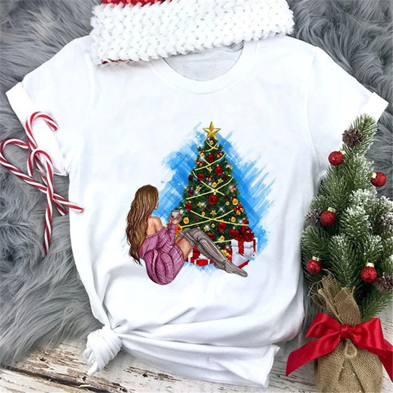 

Модные топы с графическим принтом счастливой рождественской елки для девочек, Женская Повседневная белая футболка, женская футболка с круг...