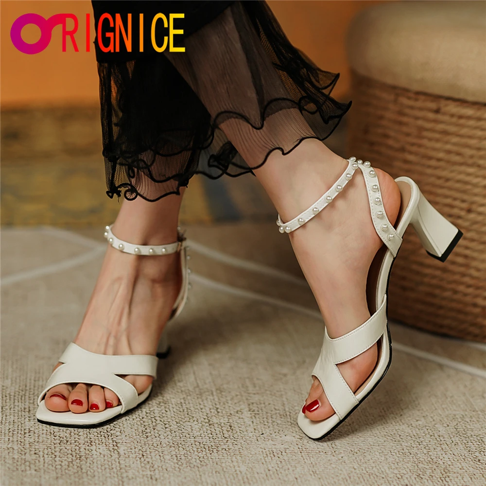 

Orignice Patent Leather Thick High Heels Pearls Wedding Sandals Square Open Toe Prom Party Dress Shoes Summer Big Size 34-42