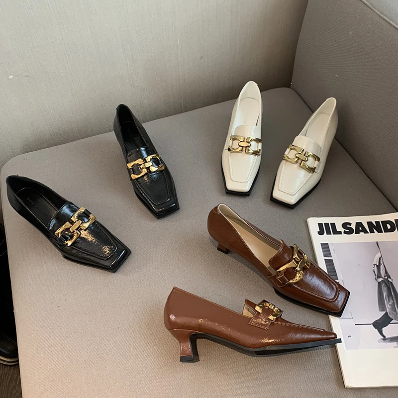 

Мюли женские с квадратным носком, туфли на шпильке средней высоты, без застежки, с металлической цепочкой, вечерние туфли-лодочки, черные, ко...