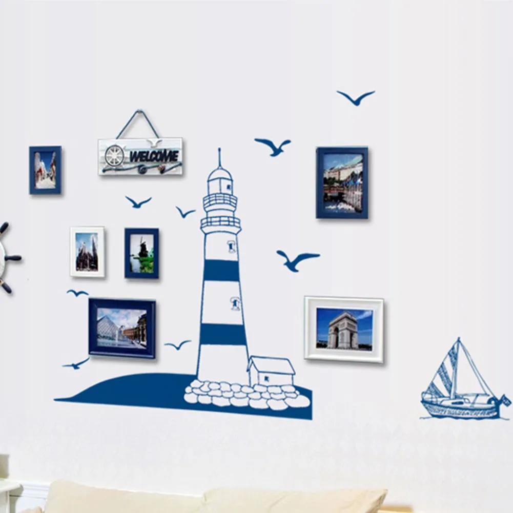 Navy Blue PVC Modern stylish Tower Sailboat Gull Pattern Removable Wall Sticker Decal Background Home Decor | Дом и сад