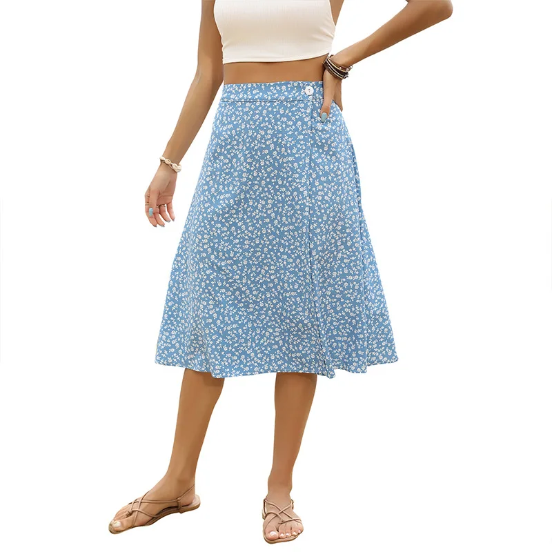 

Summer A-line Blue Mid Length High Waist Wrap Around Split Chiffon Floral Skirt Midi Skirts Sexy Korean Fashion Clothing Casual