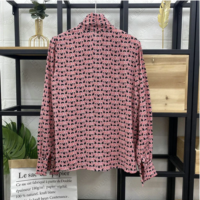 

Printed Pink Blouse Letters Women 2021 Spring Summer Bow Collar Button Up Long Sleeve Elegant Office Lady Shirts Y2k Top Clothes