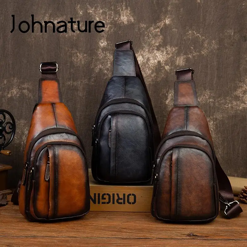 

Johnature Men Retro Chest Bag Genuine Leather 2021 New Leisure Real Cowhide Large Capacity Solid Color Outdoor Crossbody Bags