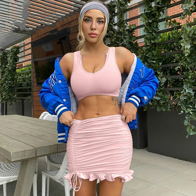 

Sexy Crop Tops Ruched Ruffles Skirts Two Piece Set Women Pink Party 2 Piece Outfits Side Drawstring Summer Clothes 2020