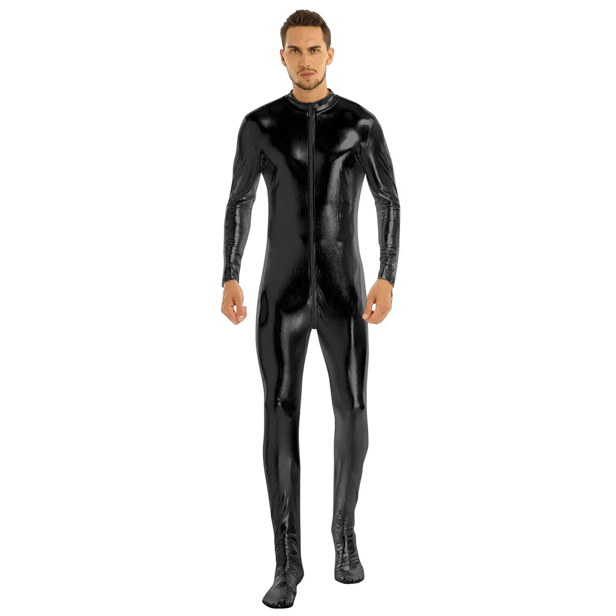 iiniim Mens Body Sexy Teddies Shiny Metallic Club Bodystocking Closed Toe Stretchy Full Body Leotard Bodysuit Clubwear Costumes