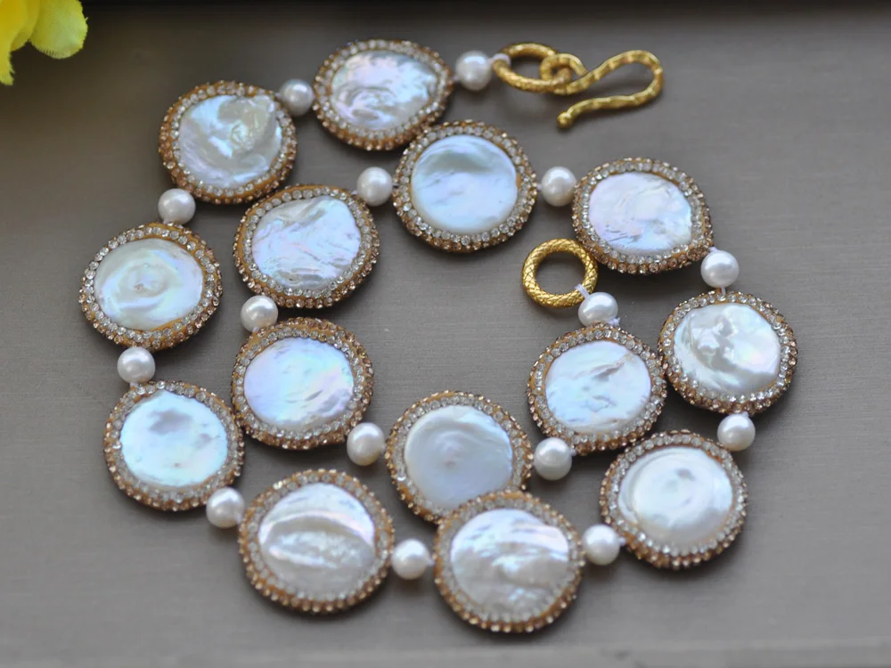 

MCT·STAR Z10275 Twinkle 19" 24mm White Coin Keshi Pearl Golden CZ Necklace