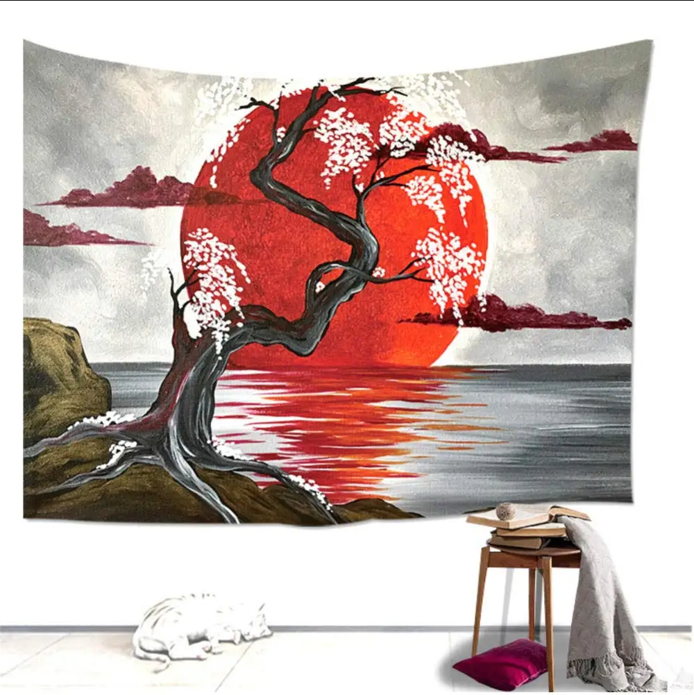 

Japanese Lake Crimson Moon Sakura Cherry Tree Tapestry Custom