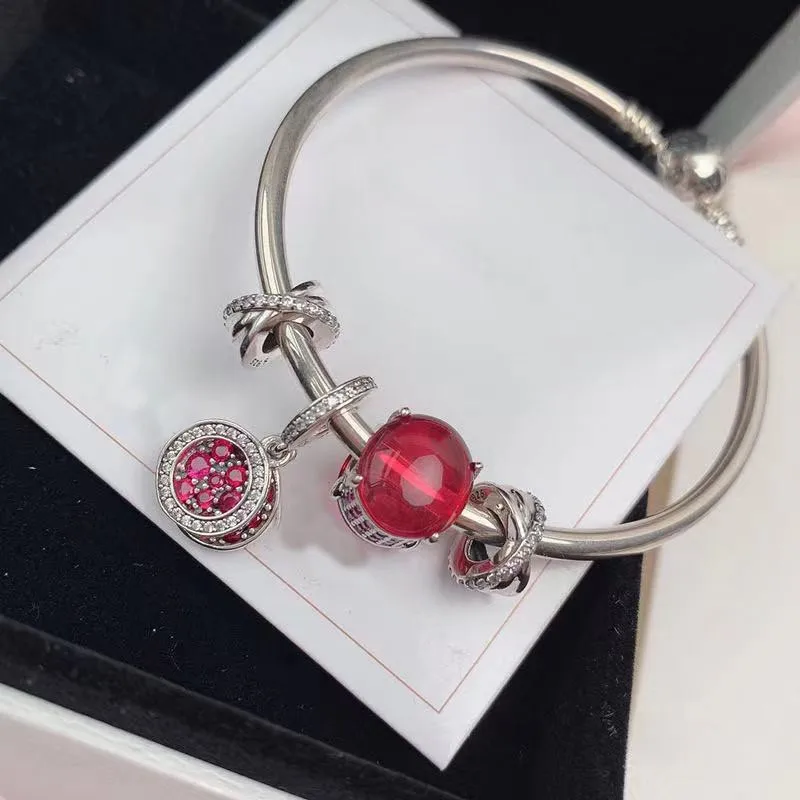 

Original 925 Sterling Silver Series Gem Beads And Red Cz Pendant Bracelet For Women's Wedding Party Gift Diy Jewelry