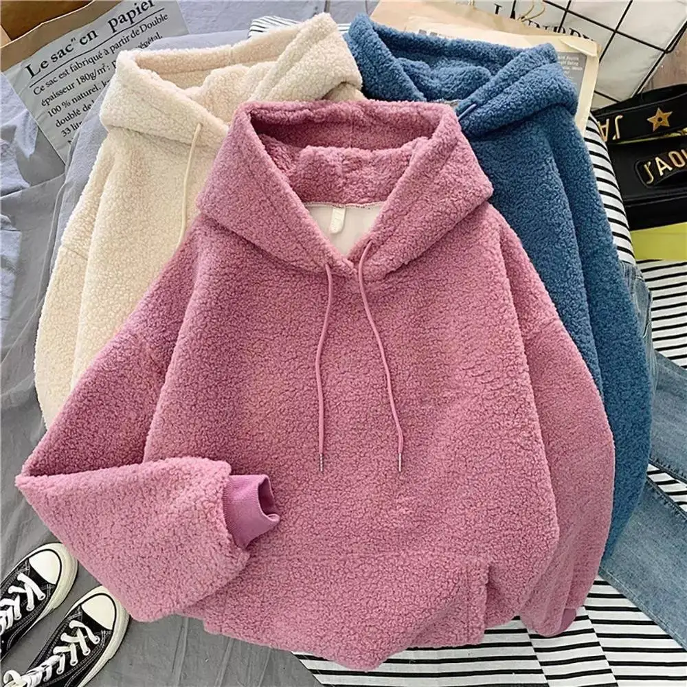 

2020 women's autumn and winter thick fluffy solid color pullover warm hoodie coat coat casual sweatshirt women's sportswear