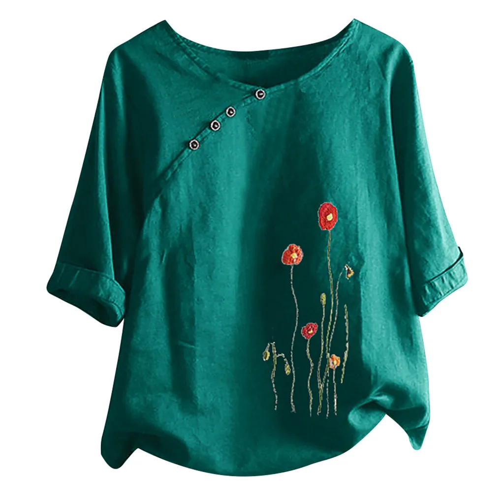 Женская блузка с цветочной вышивкой и пуговицами размера плюс винтажные блузки