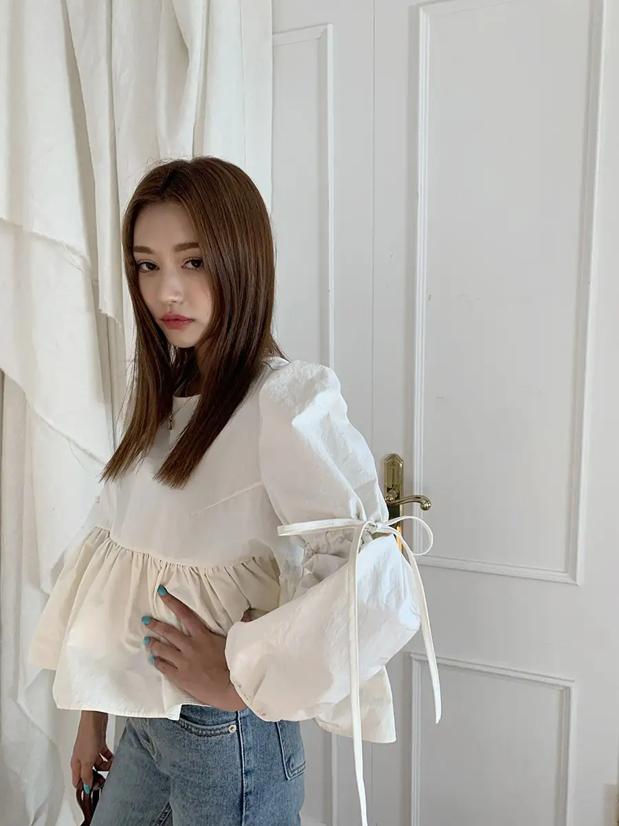 RUGOD ins, модная однотонная женская блузка, Корейская, с пышными рукавами, с открытой спиной, на шнуровке, женская осенняя одежда, повседневные, с оборками, милые топы, femme
