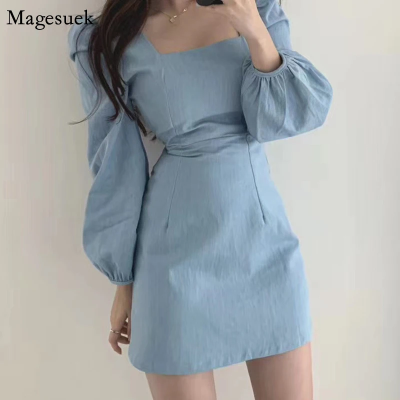 

New Summer Blue Sexy Dress Women Puff Sleeve Vintage Bodycon Short Dress Female Square Collar Casual Women Dresses Vestido 12148
