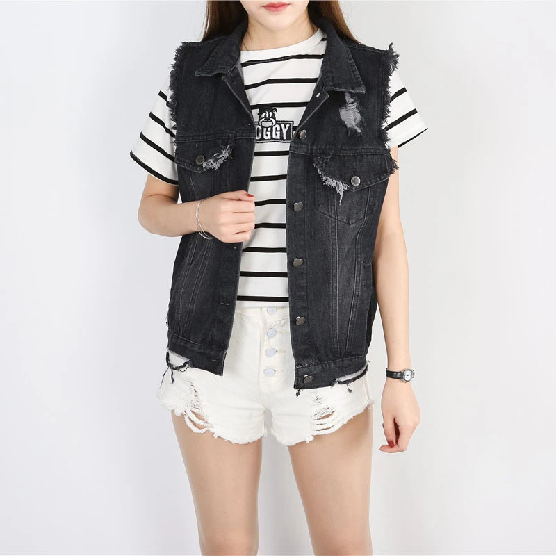 Женский джинсовый жилет Unua amo короткий черный без рукавов в Корейском стиле