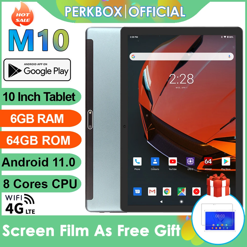Perkbox M10 Tablet 10 Inch Octa Core Android 11.0 OS 6GB RAM 64GB ROM 4G FDD LTE Phone Call планшет 10 дюймов GPS WiFi Bluetooth