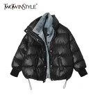 Женская джинсовая парка TWOTWINSTYLE, повседневная куртка с отложным воротником и длинным рукавом из двух предметов