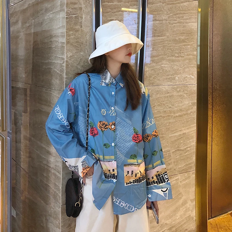 

vintage Hipster fashion brand Women Blouses autumn print loose turn-down collar Shirts new autumn style blusa vetement femme