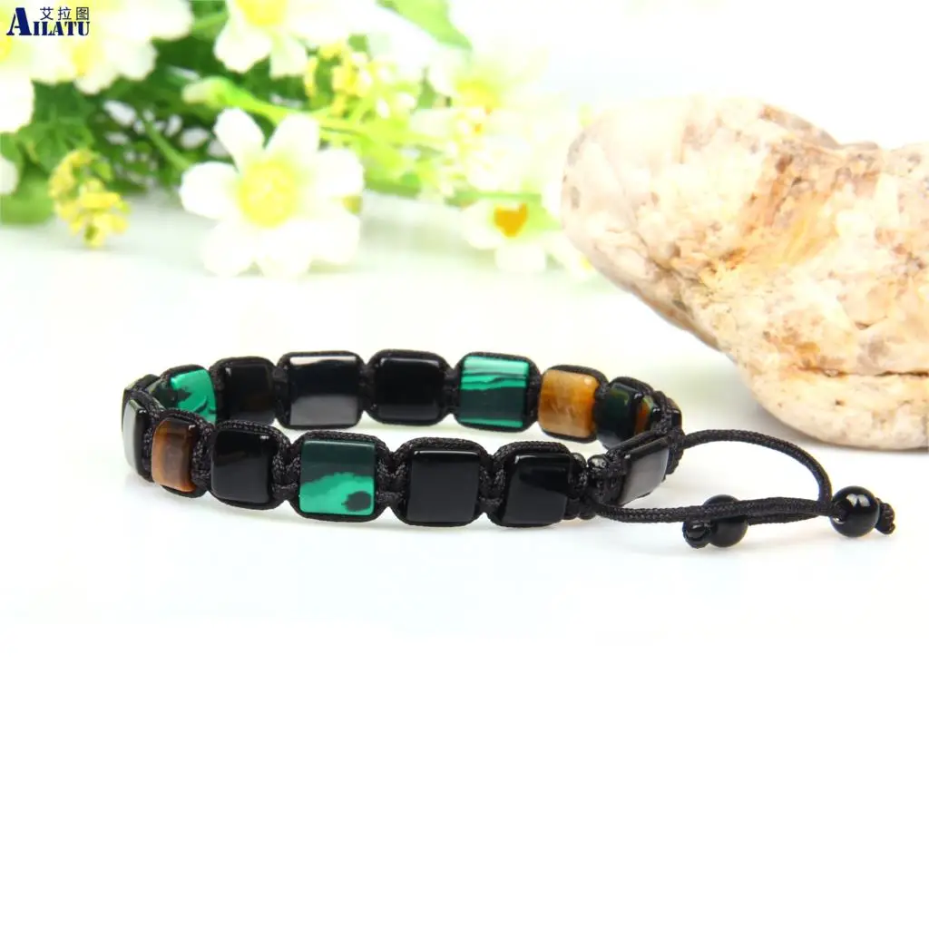 

ailatu 8x 8mm Natural Black Onyx flatbead Stone Beads Private Custom Men's wristband sqaure Bracelet Name and Logo Printing