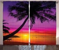 orange purple tropical curtains palm tree silhouette on beach at sunset summertime travel destination window curtain