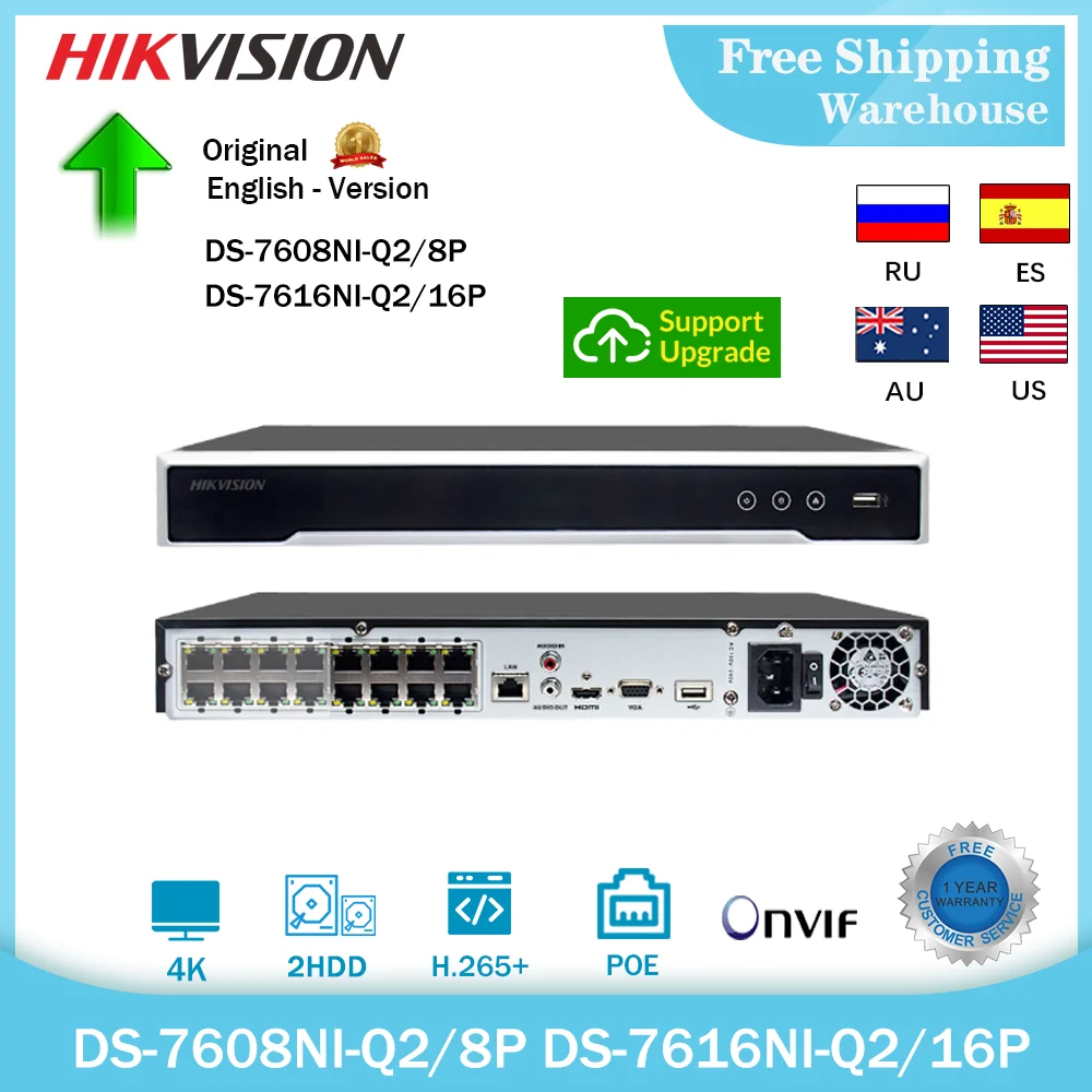 

Hikvision 4K NVR DS-7608NI-Q2/8P DS-7616NI-Q2/16P 8CH 16CH POE 8MP H265+ CCTV For IP Camera Security Video Recorder System