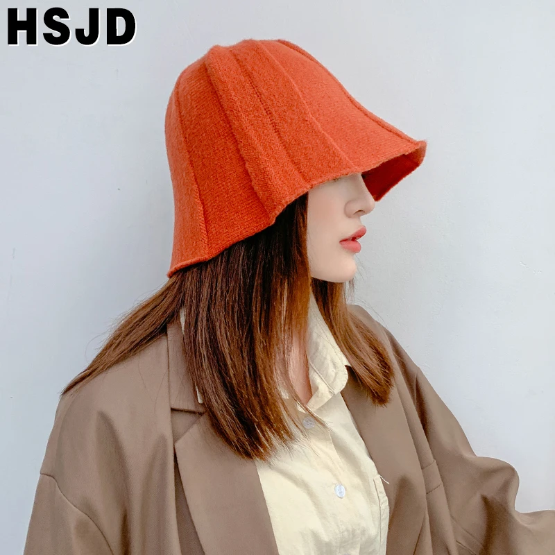 Solid Color Knitted Hats Vintage Bucket Hat Women's Autumn and Winter Fisherman Hat Fashion Skullies Casual Outdoor Female Cap