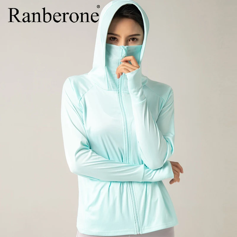 Women’s Sun Protection Clothing Ice Silk Sport Coat Hooded Lightweight UV-resistant Long Sleeves Running Fitness Riding Coat
