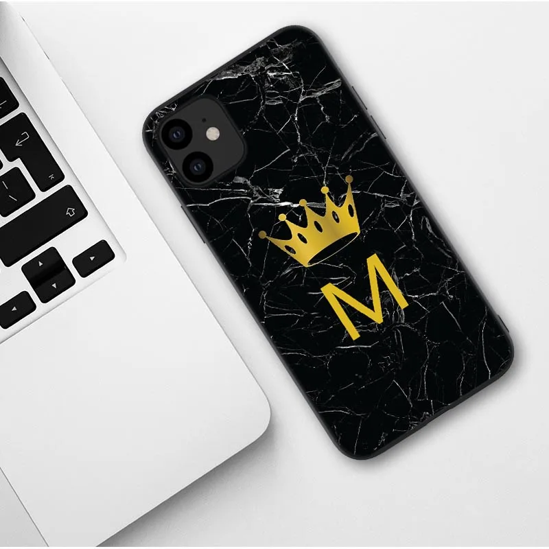 Пользовательский именной чехол для телефона для iphone 11 Pro Max с надписью монограмма черный мрамор Золотая Корона чехол для iphone X XR XS MAX 6 7 8 Pus