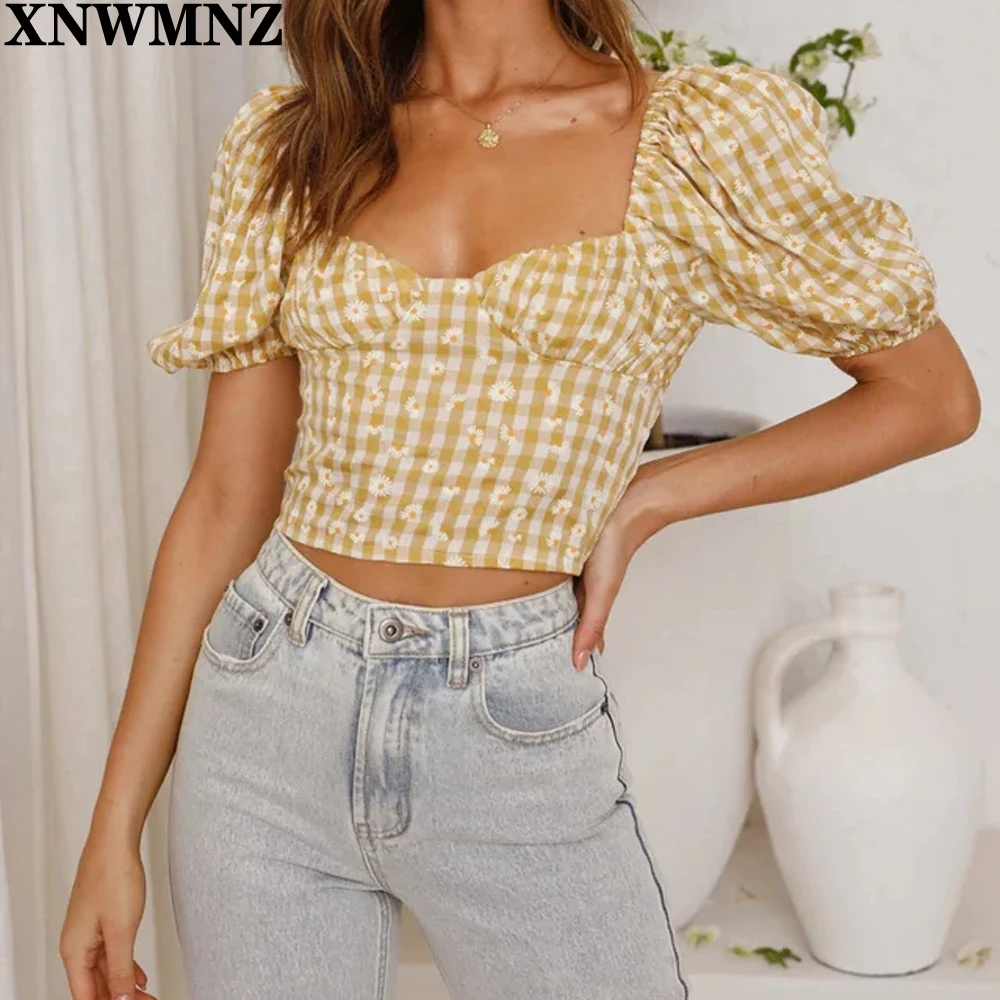 

XNWMNZ Za Women Chic Daisy Embroidery Short Sleeve Ropa Mujer Fashion Crop Top Cream Tartan Blouse Harajuku Vintage Cropped Tops