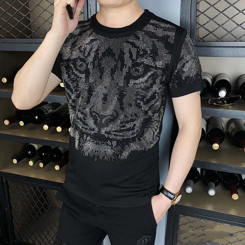 Casual O-Neck Tee Shirt Homme Fashion Diamond Tiger Head T-shirt Mens High Quality Summer T Men Short Sleeve Streetwear | Мужская одежда