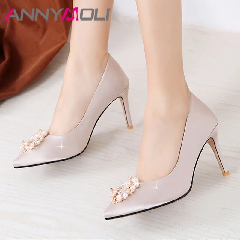 

ANNYMOLI High Heels Women Shoes Silk Thin High Heels Wedding Shoes Pearl Pointed Toe Party Pumps Lady Apricot Red Big Size 33-43