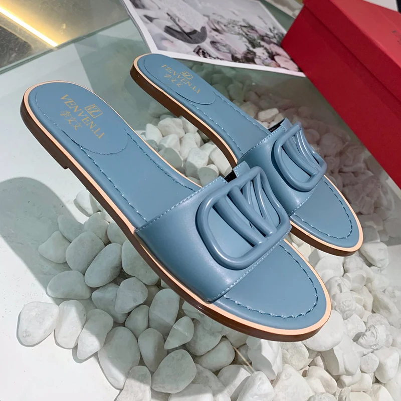 

Italiangenuine leather counter flat bottom slippers full of personality 2021 summer new the same women's shoes for big stars