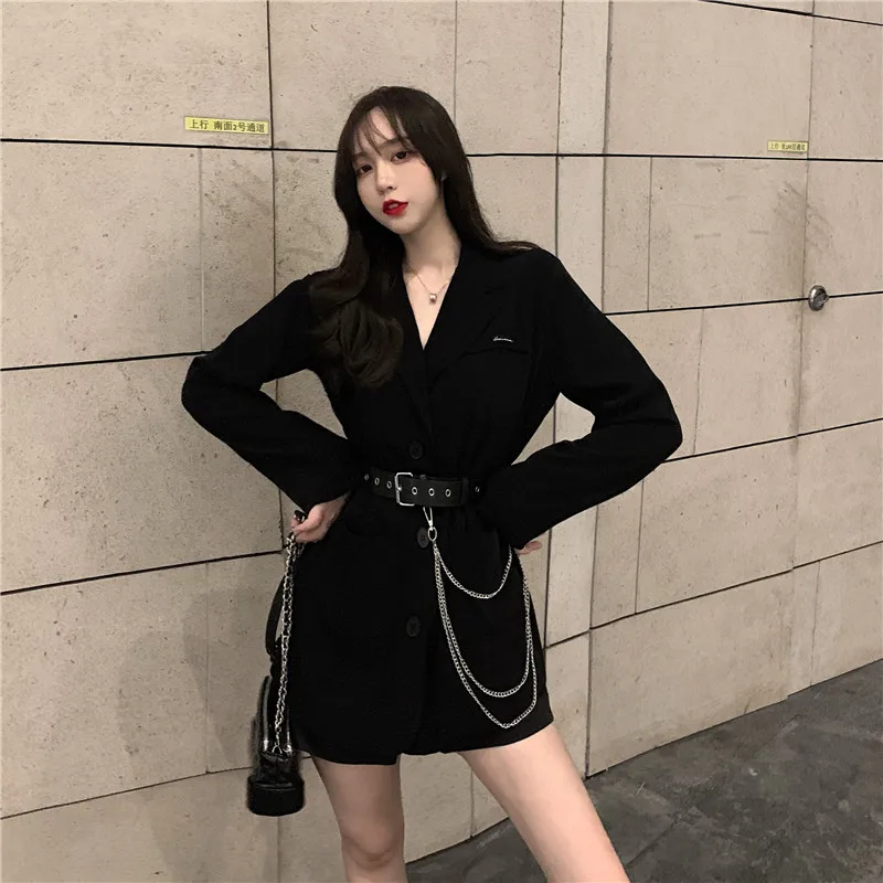 

New Fall Fashion Women Black Slim Blazer Elegant Chain Belt High Waist Long Coat Chic Korean Style Long-sleeved Jacket Suit Top