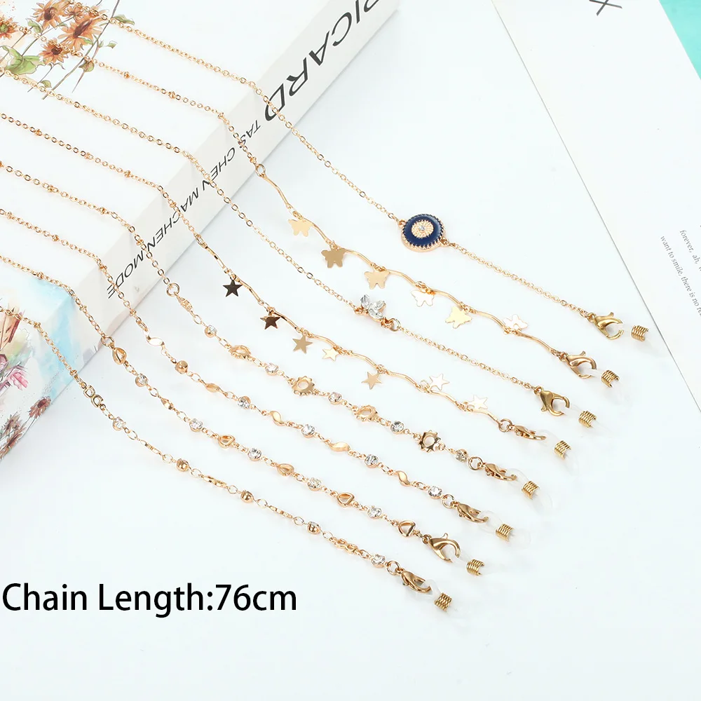 

2021 New Men Fashion Butterfly Star Plum Blossom Charm Sunglasses Lanyard Peach Heart Zircon Non-slip Glasses Chain for Women