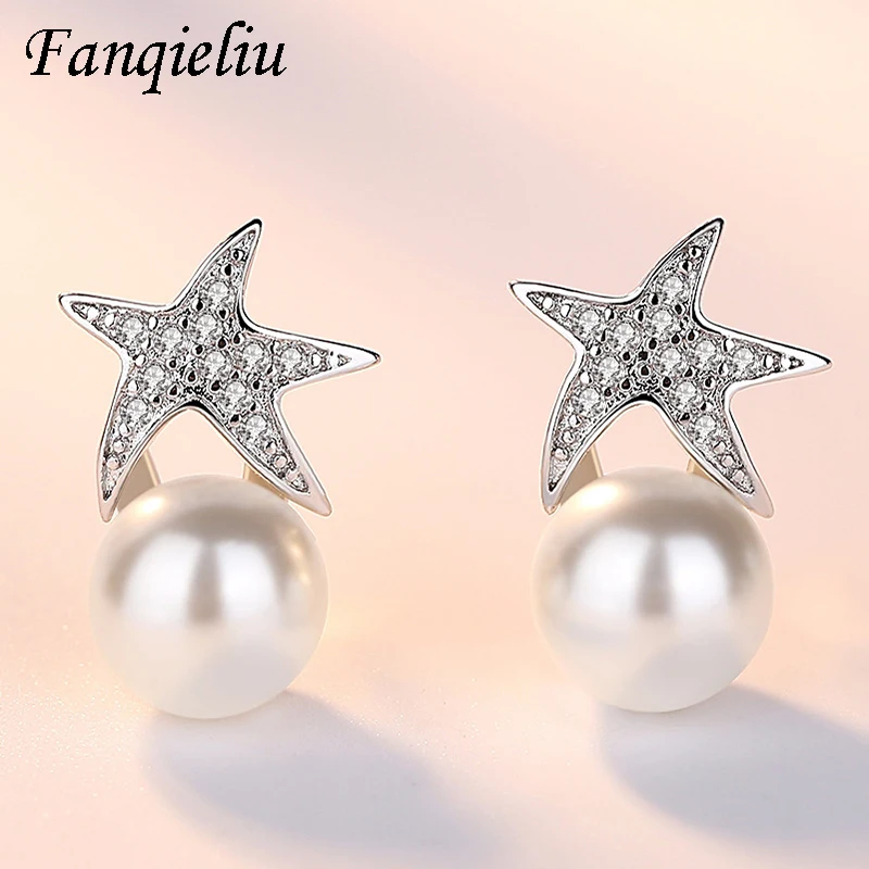

Fanqieliu Real 925 Sterling Silver Stud Jewelry With Crystal Vintage Sea Star Luxury Pearl Earrings For Women FQL21059