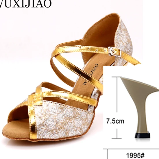 Gold heel 7.5cm WUXIJIAO розовый узор PU материал черные золотые латинские женские туфли для танцев сальса танцевальные вечерние со стразами Бальные Танцевальные Туфли 9 см - Цвет: Gold heel 7.5cm
