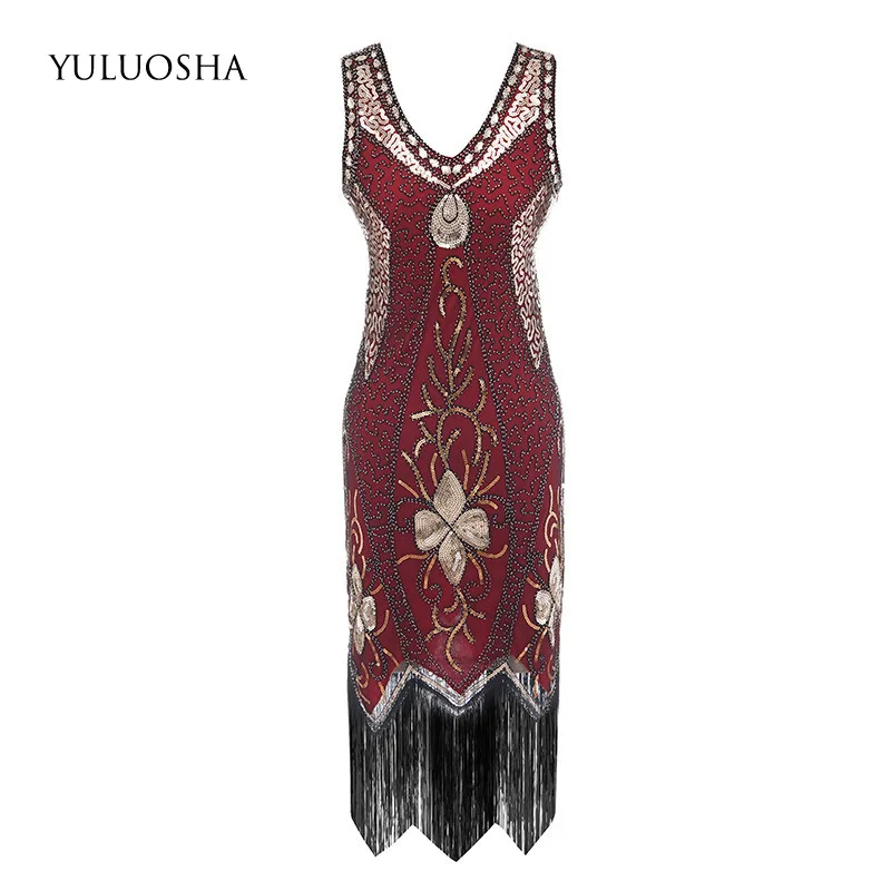 

YULUOSHA Prom Dresses Sexy Women Ball Gown Dress Sleeveless V-Neck Beading Sequine Tassel A-Line Dress Prom Vestido Azul Marino