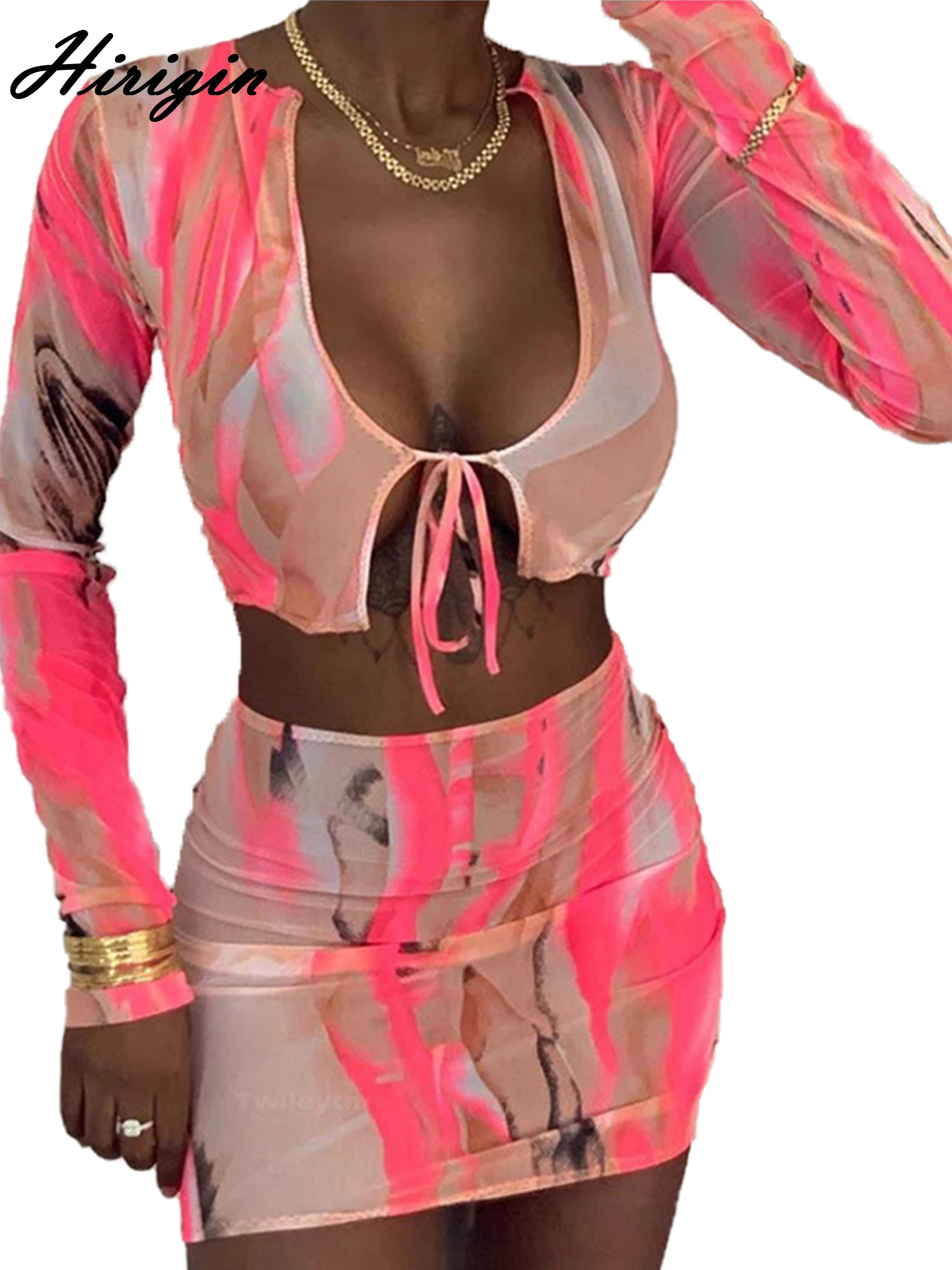 

Women’s Long Sleeve Midi Skirt Suit Fashion Irregular Print Lace up Exposed Navel Top and High-waist Skirt