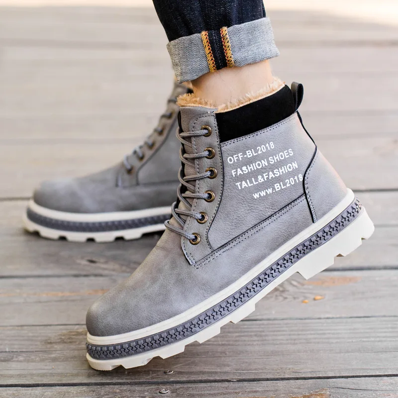 Зимние мужские ботинки с мехом теплая флисовая кожаная обувь высокие со