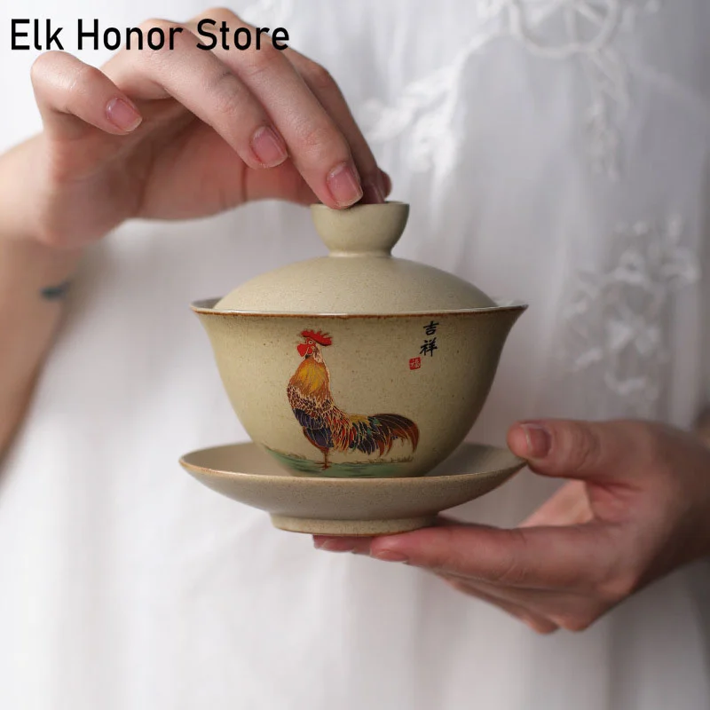 150ml Vintage Jingdezhen çay bardağı çin çay seti horoz ofis GaiWan Archaistic seramik çay kase çay kahve fincan ve çay tabağı seti