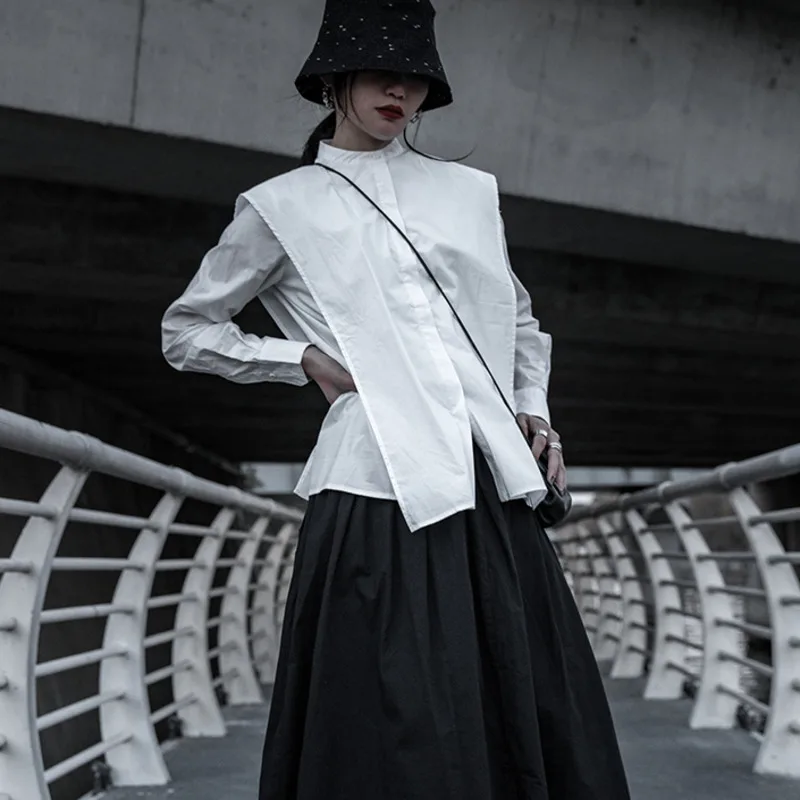 

[EAM] Women White Pleated Big Size Blouse New Stand Collar Long Sleeve Loose Fit Shirt Fashion Tide Spring Autumn 2021 1DD6207