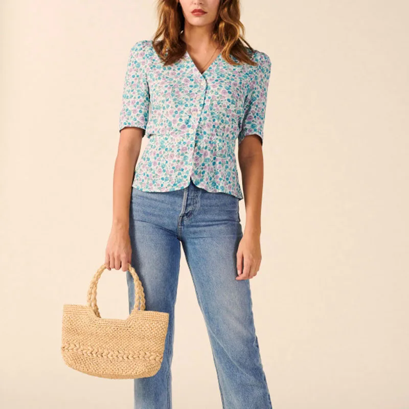 

Summer women's shirt casual flower print V-neck short-sleeved shirt