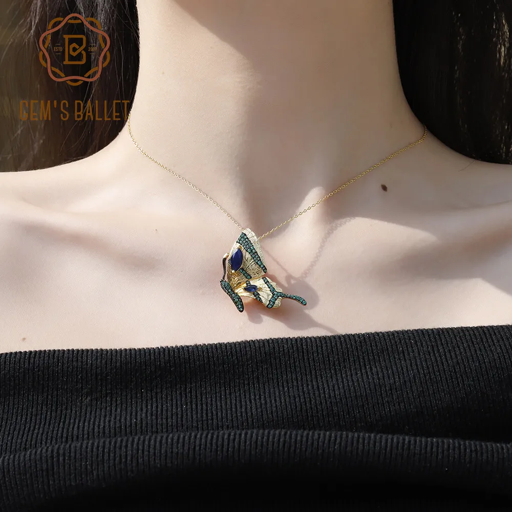 Женская Брошь с голубым сапфиром GEM'S BALLET Золотая подвеска-бабочка ручной