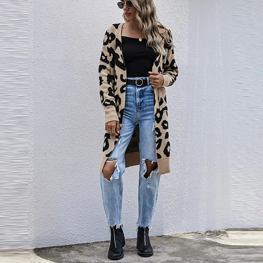 Кардиган женский длинный с V-образным вырезом и леопардовым принтом Осень-зима |