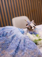 unique design handmade dog clothes pet dress princess trailing gown blue sea cute 3d flowers trimmings gem bow soft tulle skirt