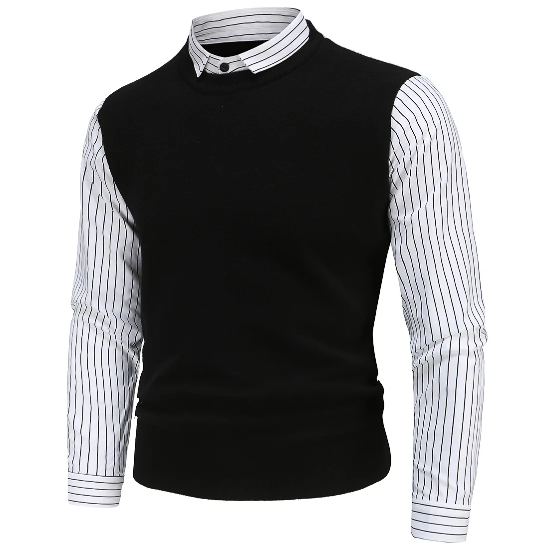 

2021 Autumn Winter New High Quality Men Splicing Stripe Lapel Slim Business Casual Long Sleeve Men's Sweater Men Clothing