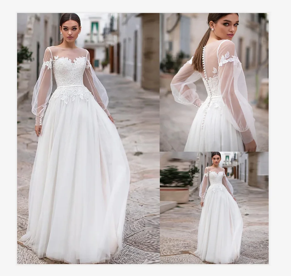 

Boho Wedding Dresses Puff Sheer Long Sleeves 2020 Appliques Bridal Gowns Button Backless Floor Length Vestido De Noiva for Bride