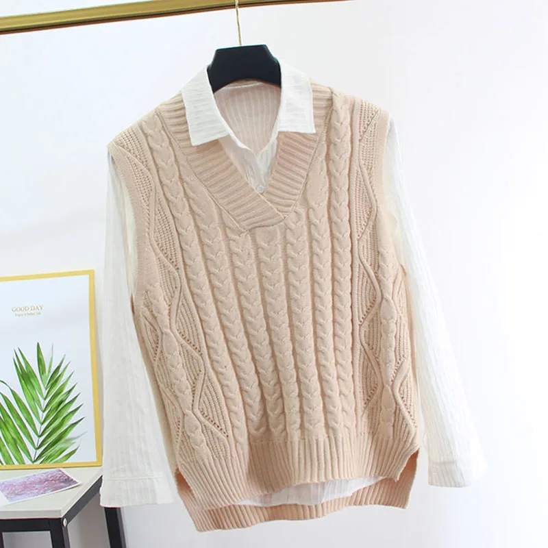 

Spring And Autumn New Sweater Women's Solid Color V-Neck Thread Stitching Knit Sweater Loose Youth Fashion Waistcoat Jacket