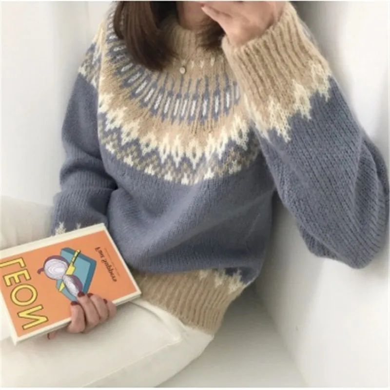 

Women Casual Sweater 2020 Korean Style Vintage Snowflake Print Knitted Sweaters Sweet Stitching Color Long-sleeved Fluffy Tops