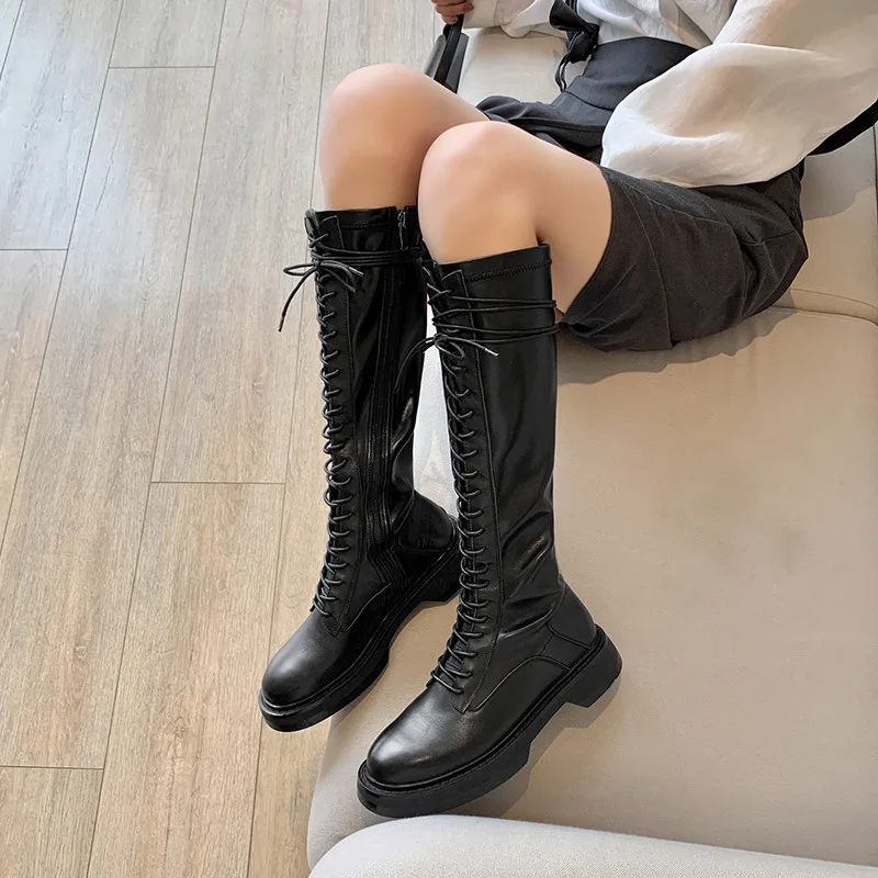 

FEDONAS Fashion Motorcycle Boots Cross Tied Genuine Leather Shoes Woman Winter Party Basic Chunky Platform Heels Boots Boots