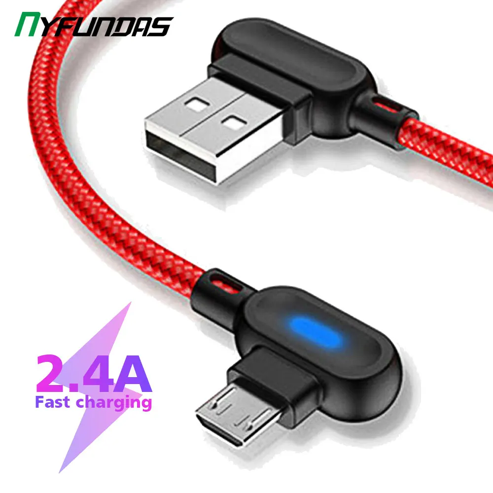 90 градусов Micro USB Type C 2.4A кабель для быстрой зарядки Xiaomi Note 8 pro Mi 10 9 Huawei Samsung Oneplus 7 One